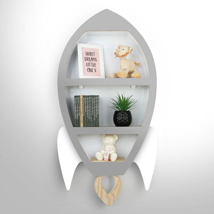 Rocket shaped nursery shelf in grey and white.