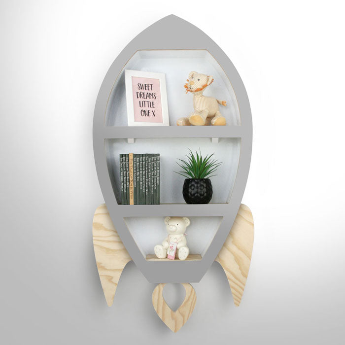 Rocket shaped nursery shelf in grey and wood.