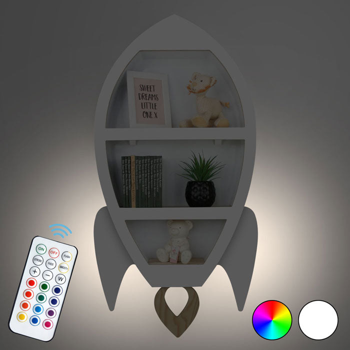 Rocket shaped nursery shelf in white and white illuminated.