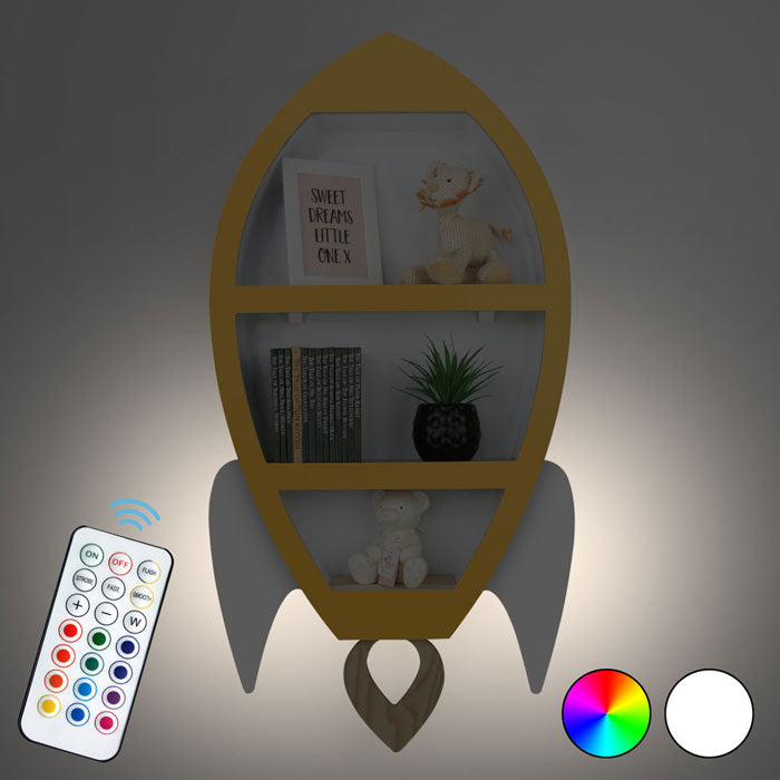 Rocket shaped nursery shelf in yellow and white illuminated.