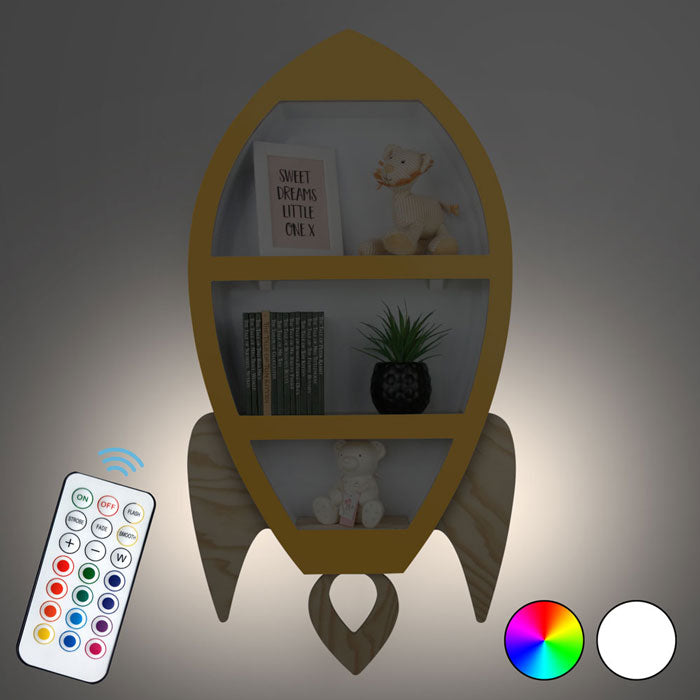 Rocket shaped nursery shelf in yellow and wood illuminated.