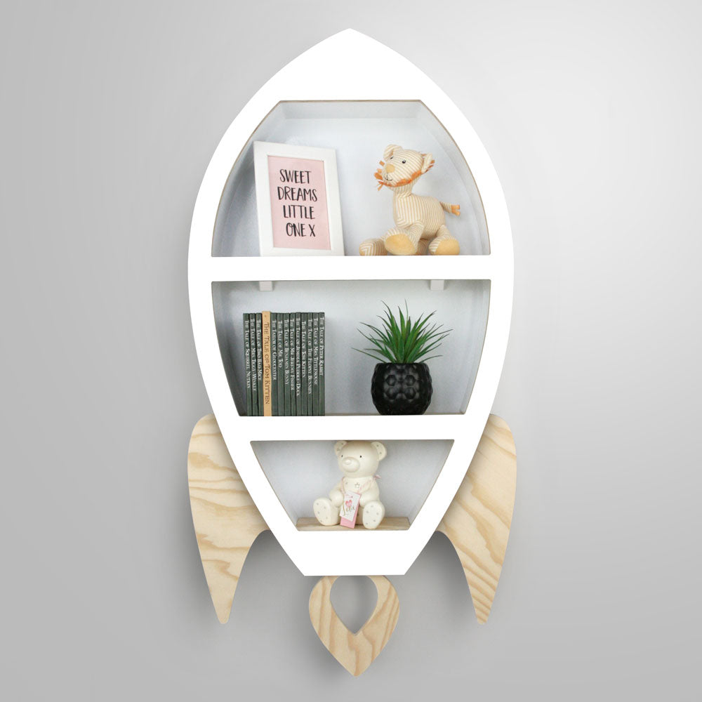 Rocket shaped nursery shelf in white.M