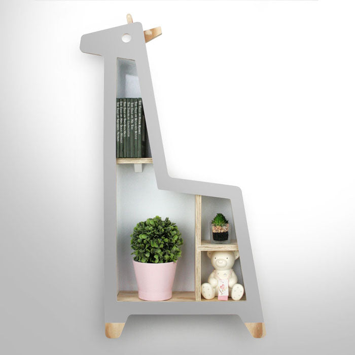 Giraffe shaped nursery shelf in Grey.