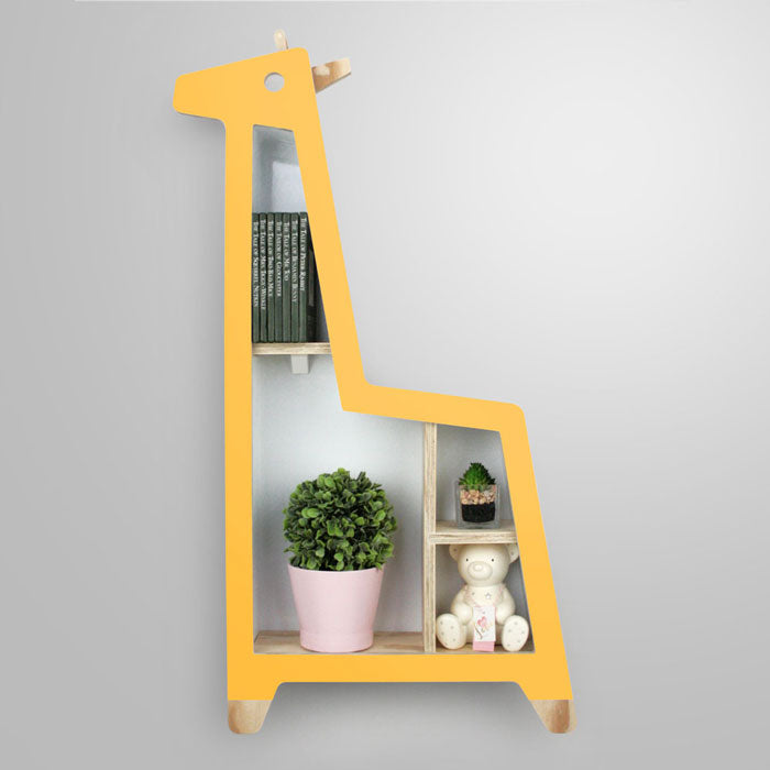 Giraffe shaped nursery shelf in Yellow.
