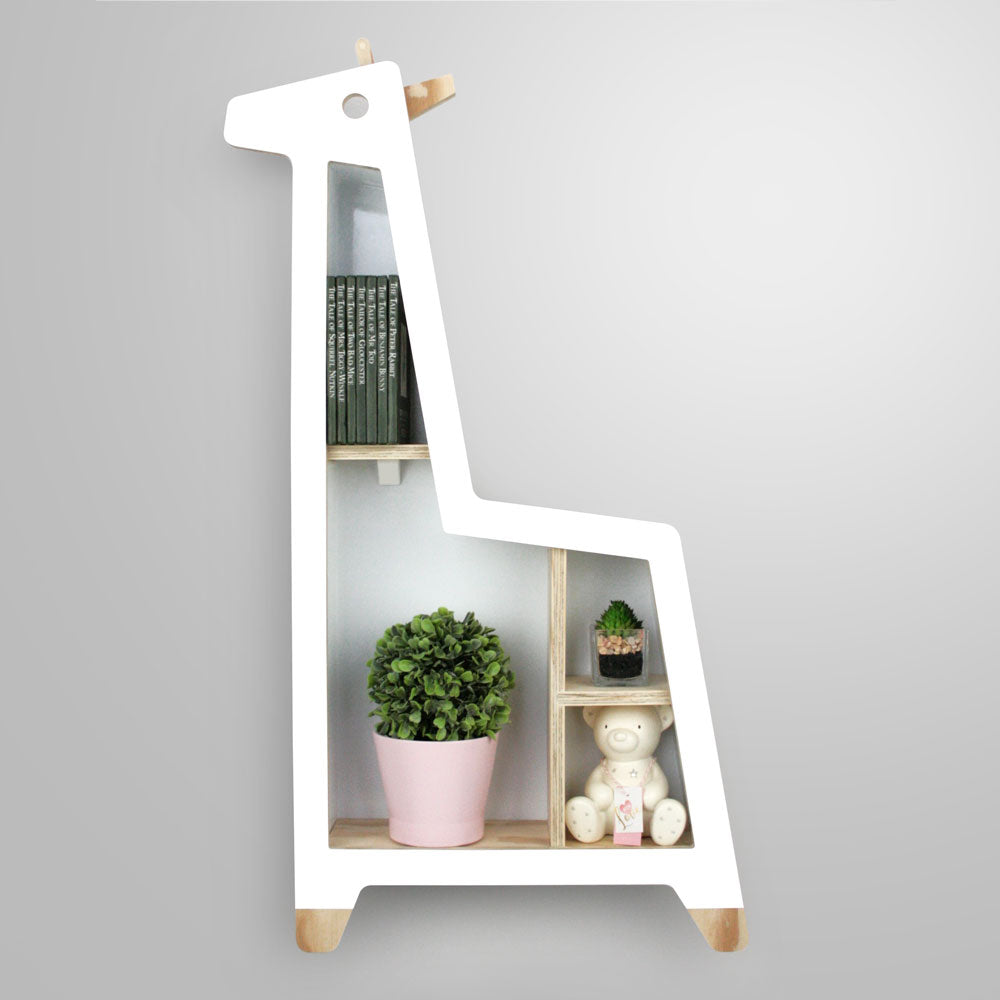 Giraffe shaped nursery shelf in white.M