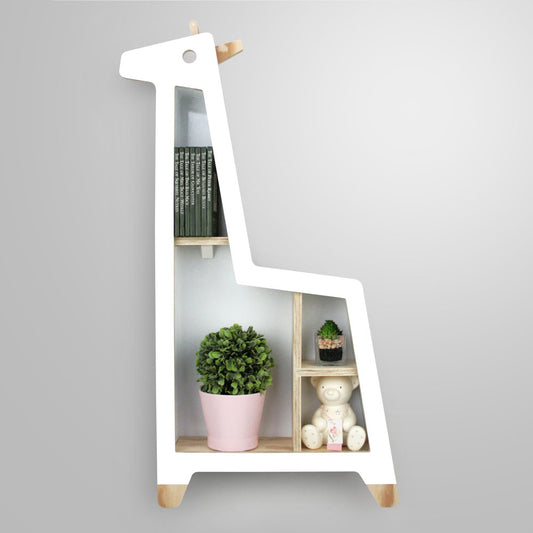 Giraffe shaped nursery shelf in white.M