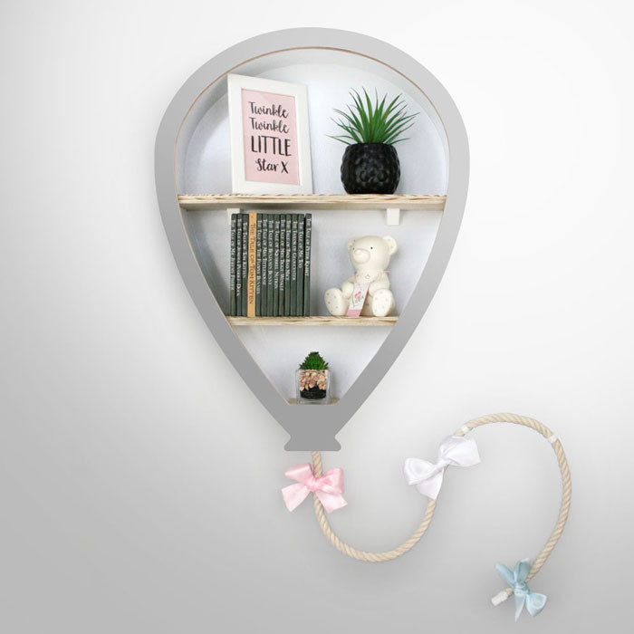 Balloon shaped nursery shelves in grey.