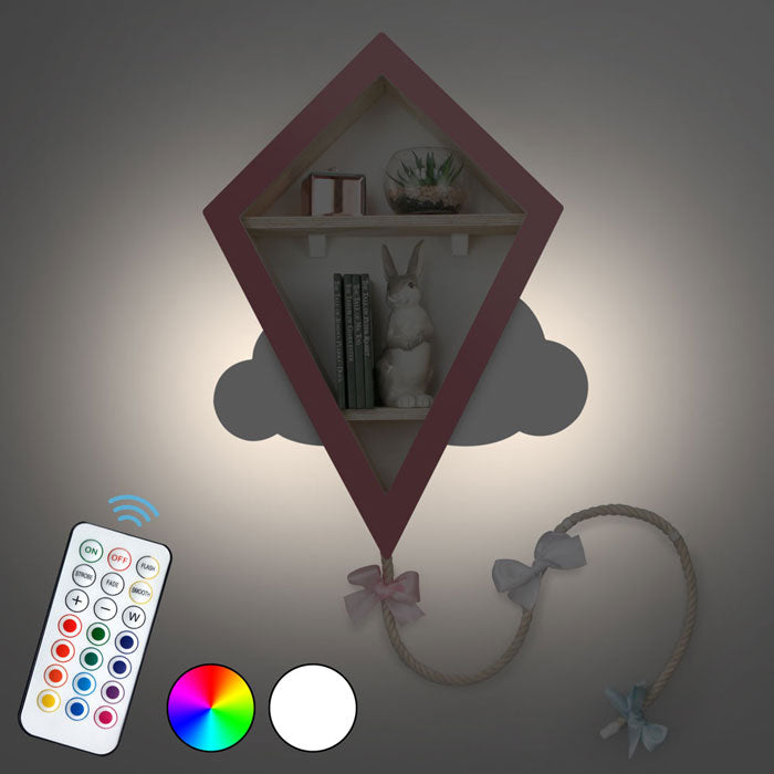 Kite shaped nursery shelf in pink and white illuminated.