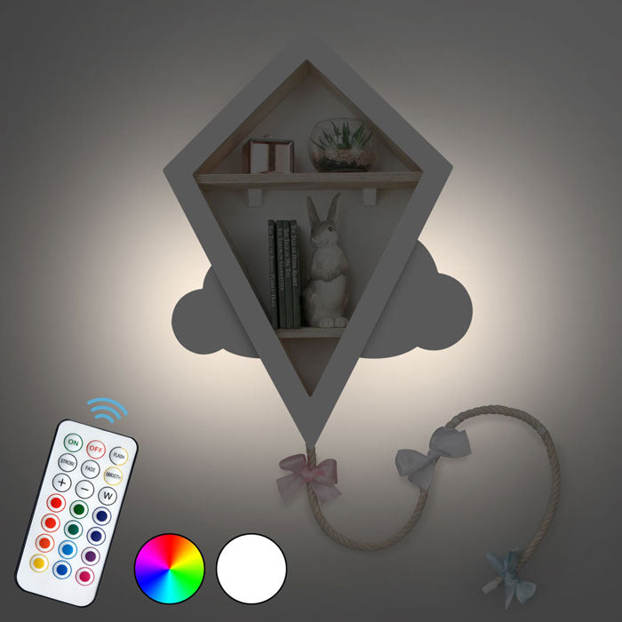 Kite shaped nursery shelf in white and white illuminated.