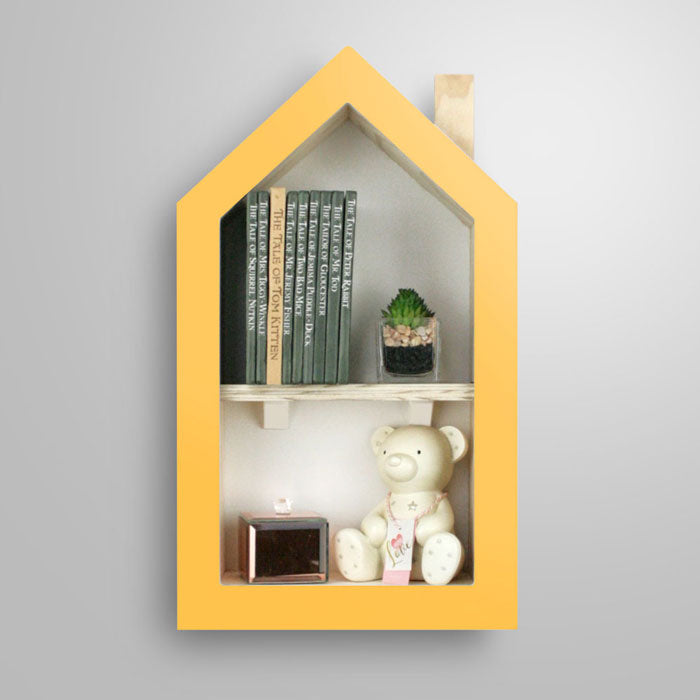 House shaped nursery shelf in yellow.