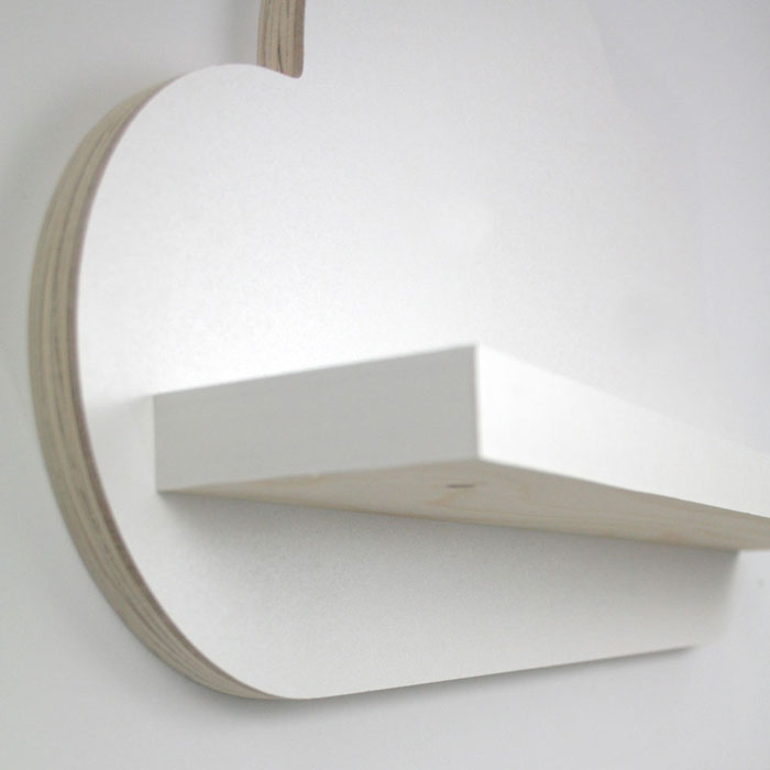Cloud shaped nursery ledge in white lower side aspect detail.