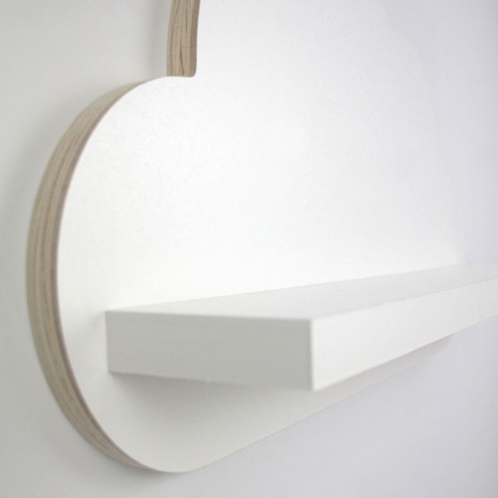 Cloud shaped nursery ledge in white upper side aspect detail.