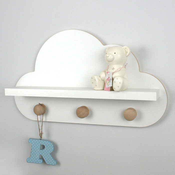 Cloud shaped nursery shelf in white with knob hangers side aspect detail.