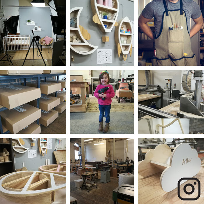 Instagram image with behind the scenes pictures of nursery products in production.