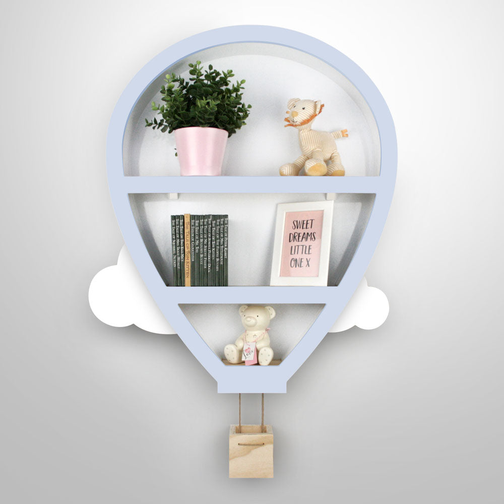 Hot Air Balloon shaped shelf nursery furniture in Blue and White.