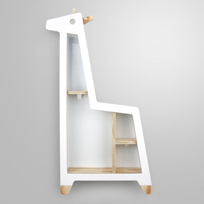 Giraffe shaped nursery shelf in white wall mounted.