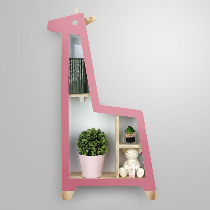 Giraffe shaped nursery shelf in pink.