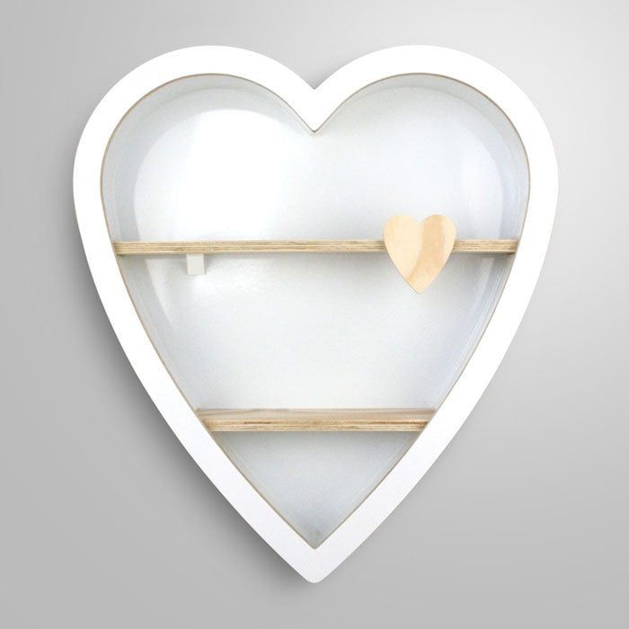 Heart shaped nursery shelf in white wall mounted.