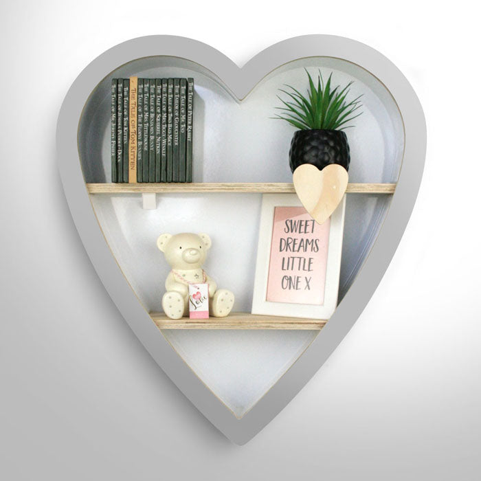 Heart shaped nursery shelf in grey.