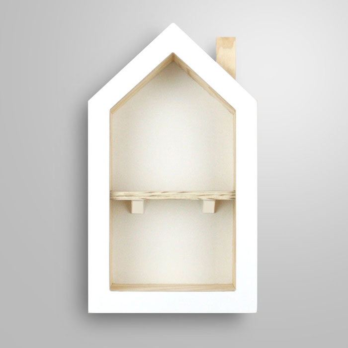 House shaped nursery shelf in white wall mounted.