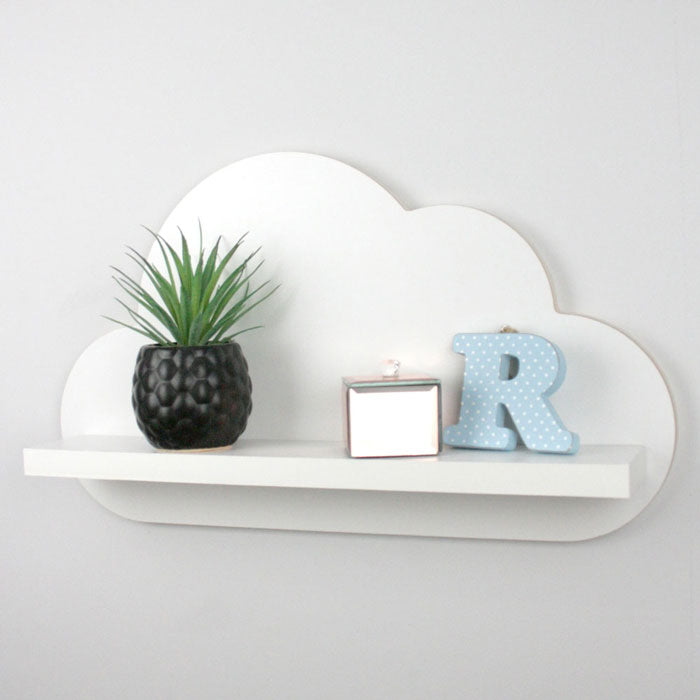Cloud shaped nursery ledge in white side view.