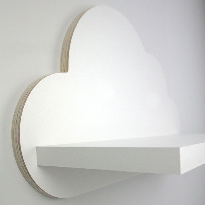 Cloud shaped nursery shelf in white upper aspect detail.