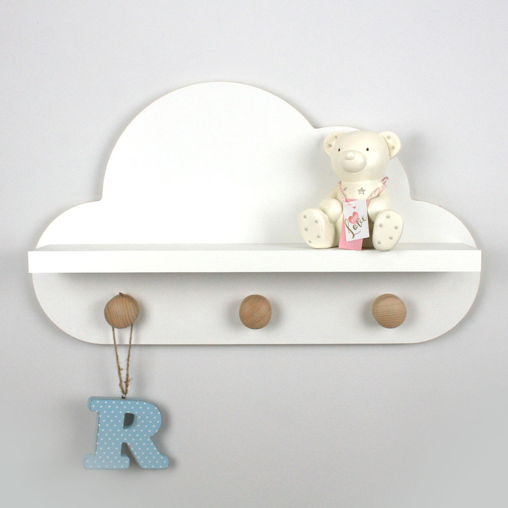 Cloud shaped nursery shelf in white with knob hangers.M