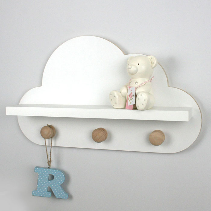 Cloud shaped nursery shelf in white with knob hangers side aspect detail.