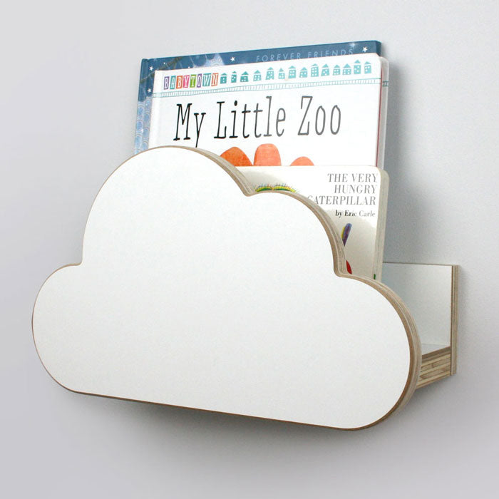 Cloud shaped nursery wall mounted book shelf in white side aspect view.