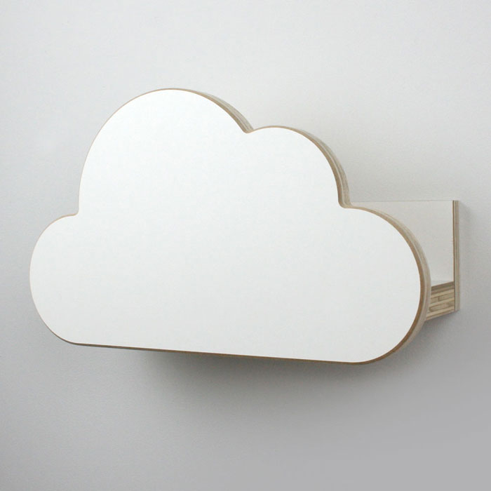 Cloud shaped nursery wall mounted book shelf in white side aspect detail home and deco.